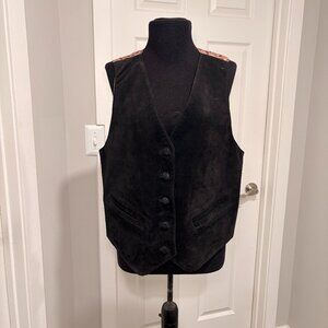 Le Chateau Vintage Black Suede Vest with Red Patterned/Gold Birds, Sz. M